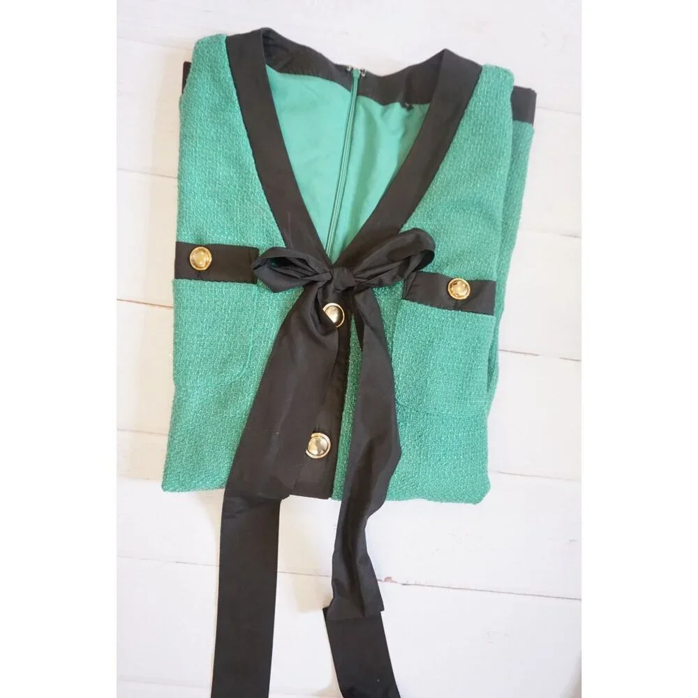 Elegant Green Tweed Blazer Dress w/ Black Trim & Gold Buttons - Size S - Picture 7 of 7